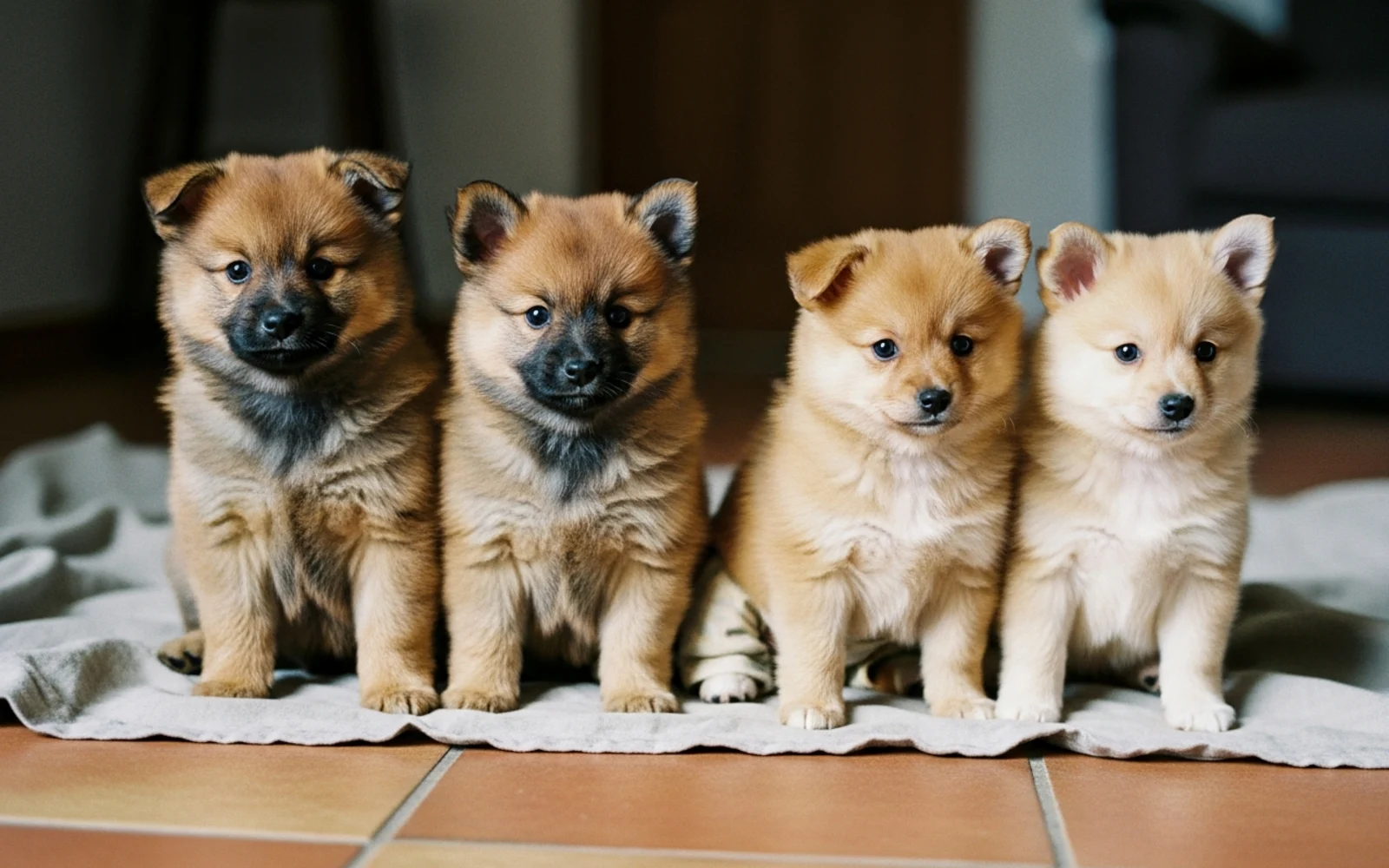 Un chiot de trois mois assis près d’une gamelle en inox sur un carrelage clair, lumière douce de fin d’après-midi entrant par une porte-fenêtre, cadrage serré à hauteur d’animal.