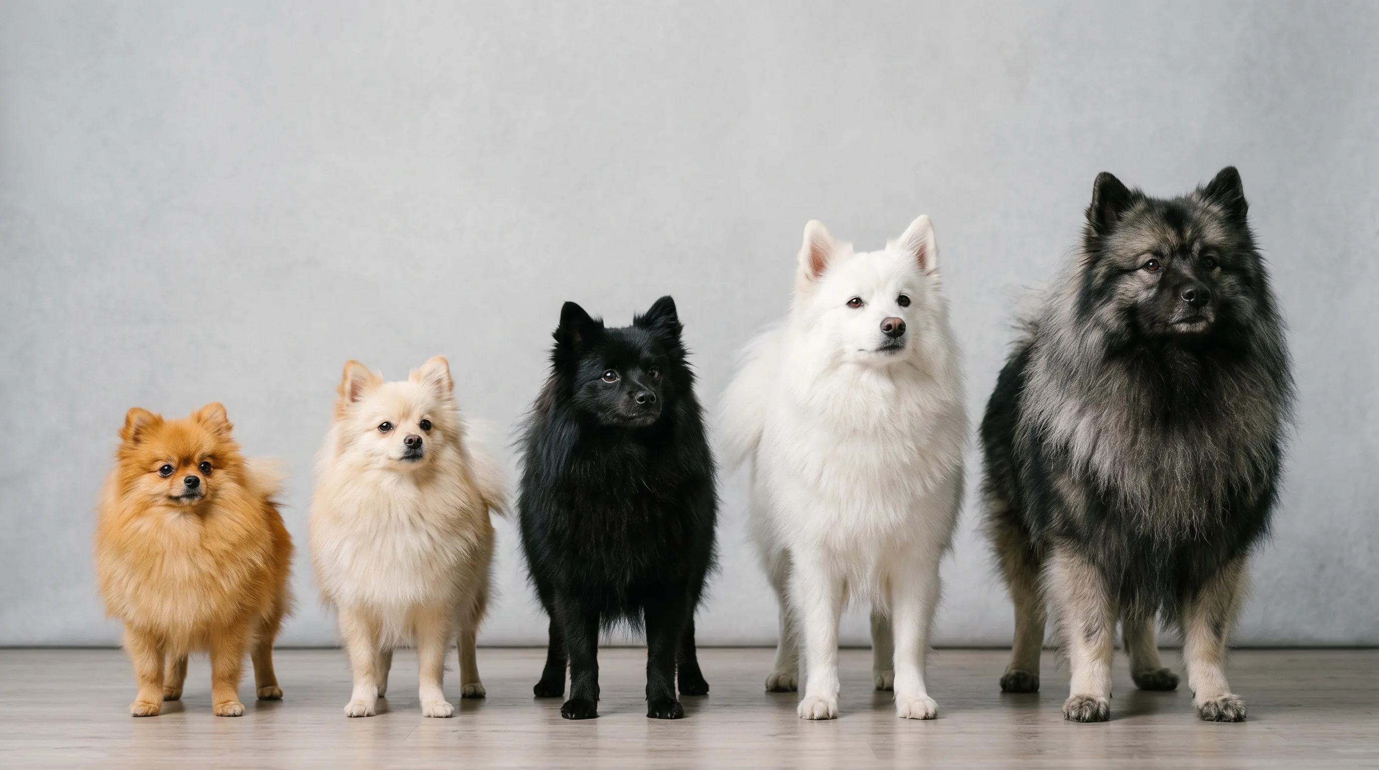 Cinq tailles de Spitz allemand alignées